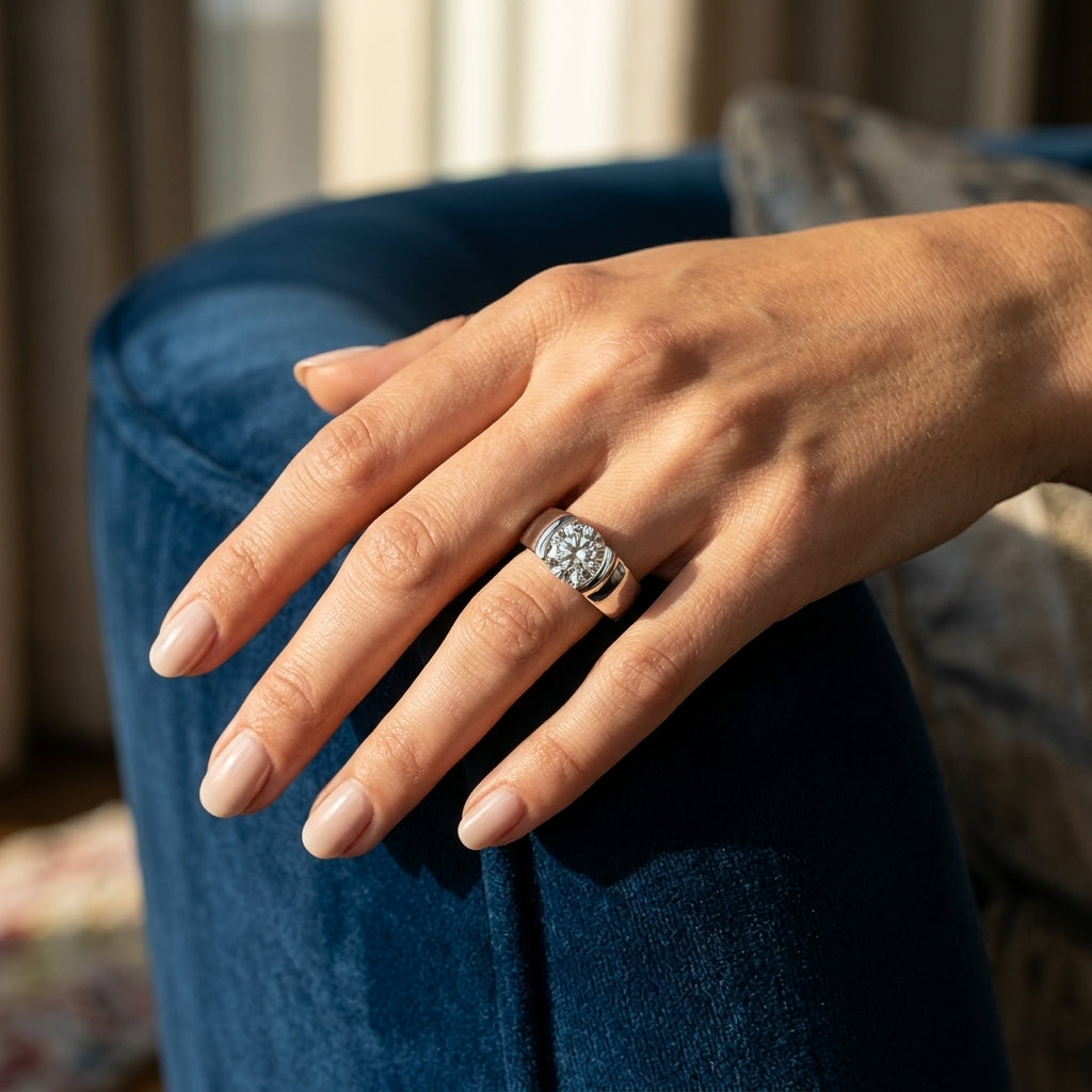 Half Bezel Solitaire Engagement Ring - worn lifestyle photo