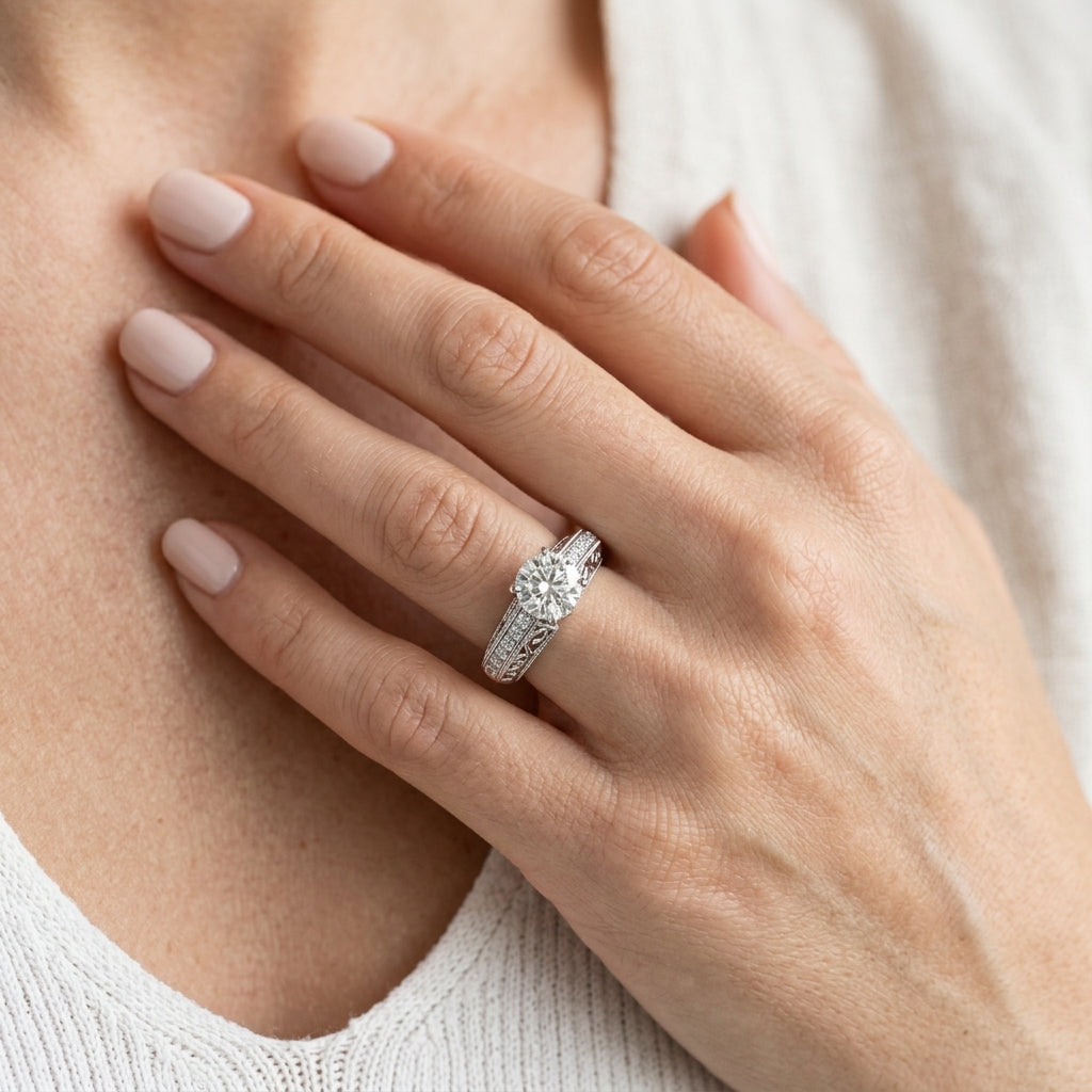 Antique Style Milgrain Filigree Engagement Ring - worn lifestyle photo