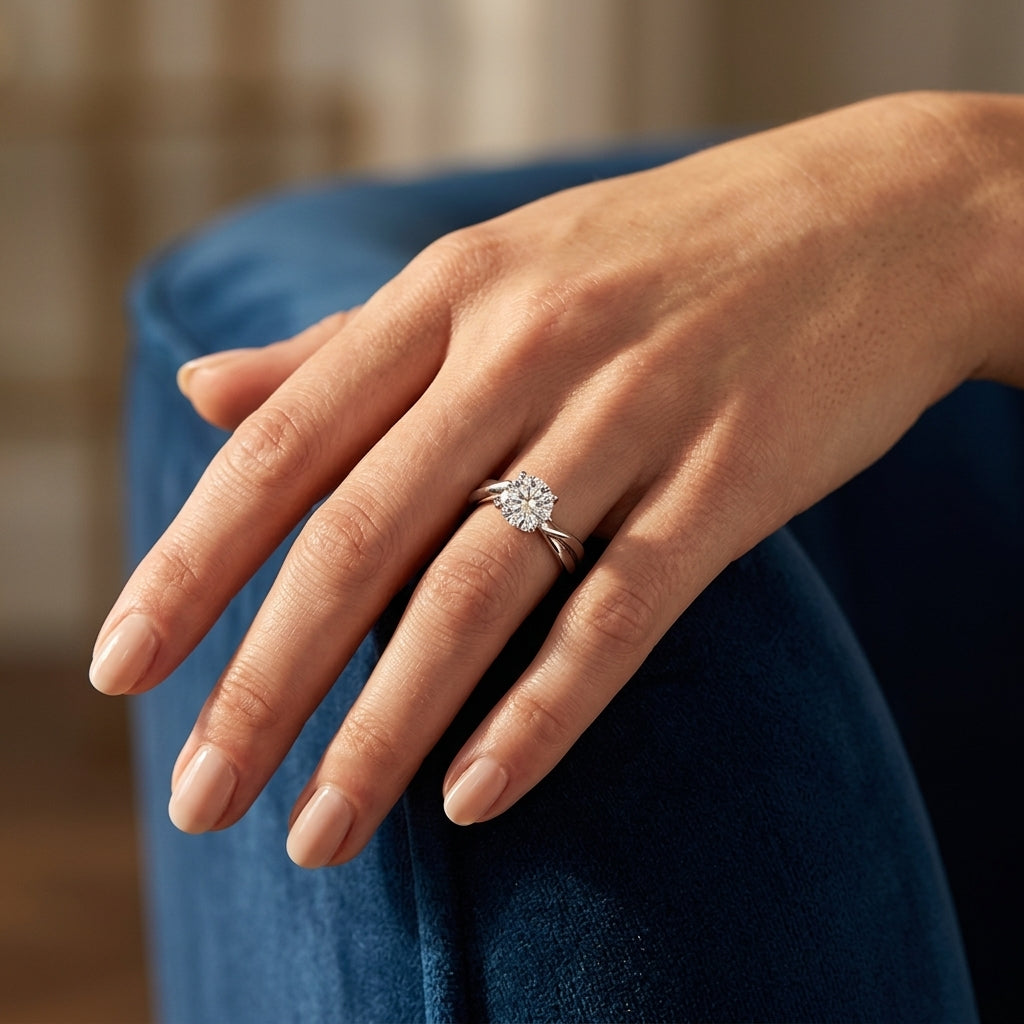 Bypass Solitaire Twisted Shank Engagement Ring - worn lifestyle photo
