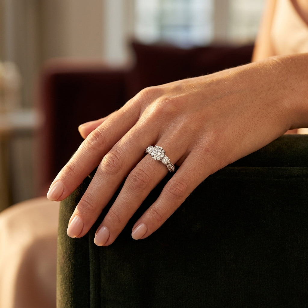 3-Stone Single Row Engagement Ring - worn lifestyle photo