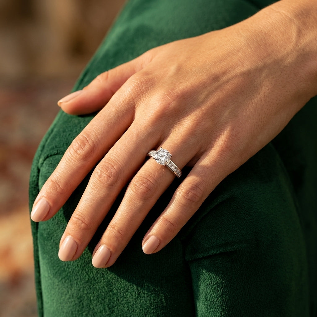 Channel Set Solitaire Engagement Ring - worn lifestyle photo