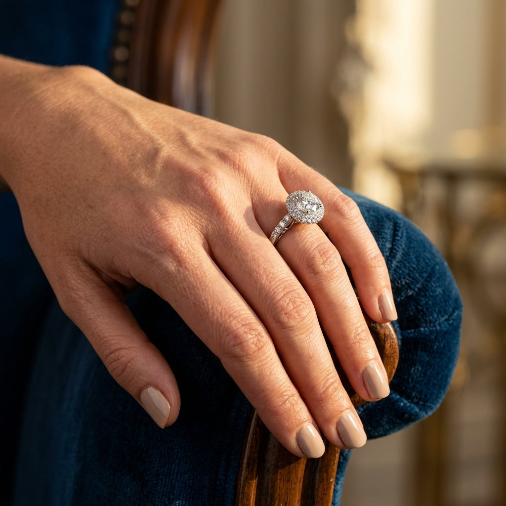 Solitaire Double Halo Engagement Ring - worn lifestyle photo