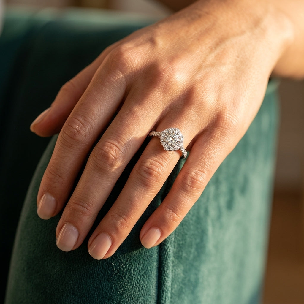 Solitaire Halo Engagement Ring - worn lifestyle photo