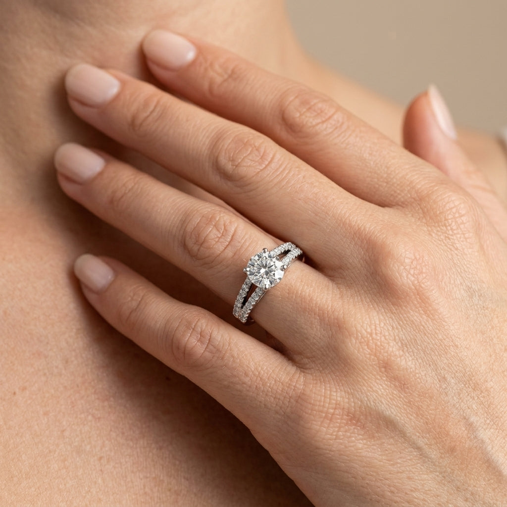 Solitaire Split Shank Engagement Ring - worn lifestyle photo