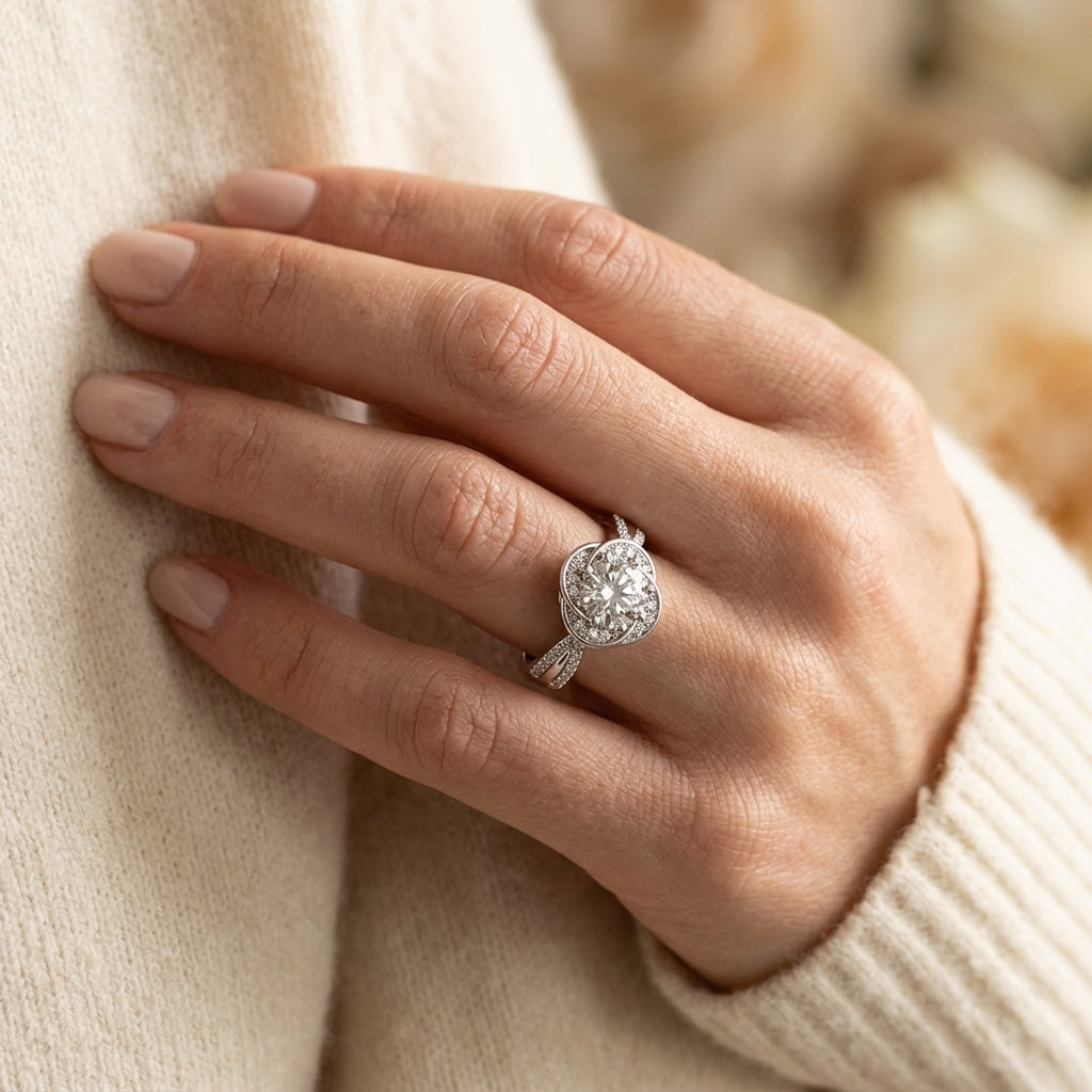 Multirow Twisted Halo Engagement Ring - worn lifestyle photo