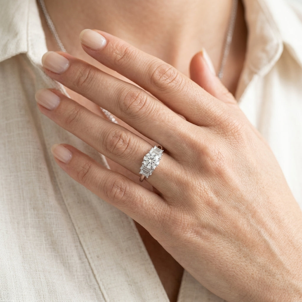 Contemporary Style Baguette Shape Engagement Ring - worn lifestyle photo