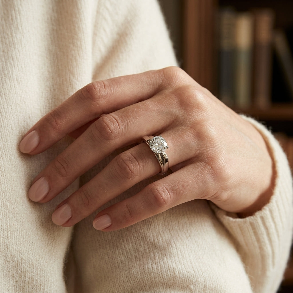 Solitaire Split Shank Engagement Ring - worn lifestyle photo