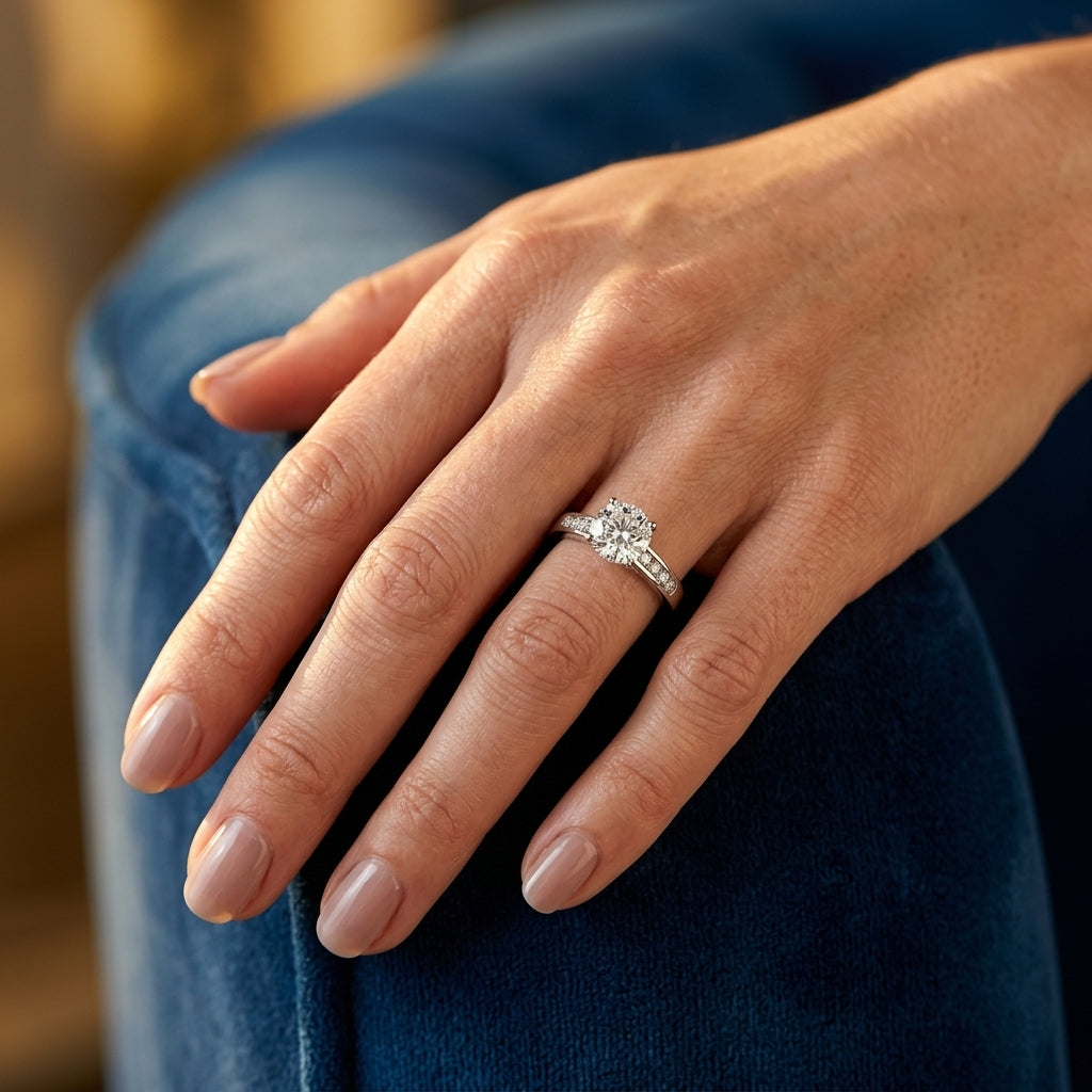 Single Row Channel Set Engagement Ring - worn lifestyle photo