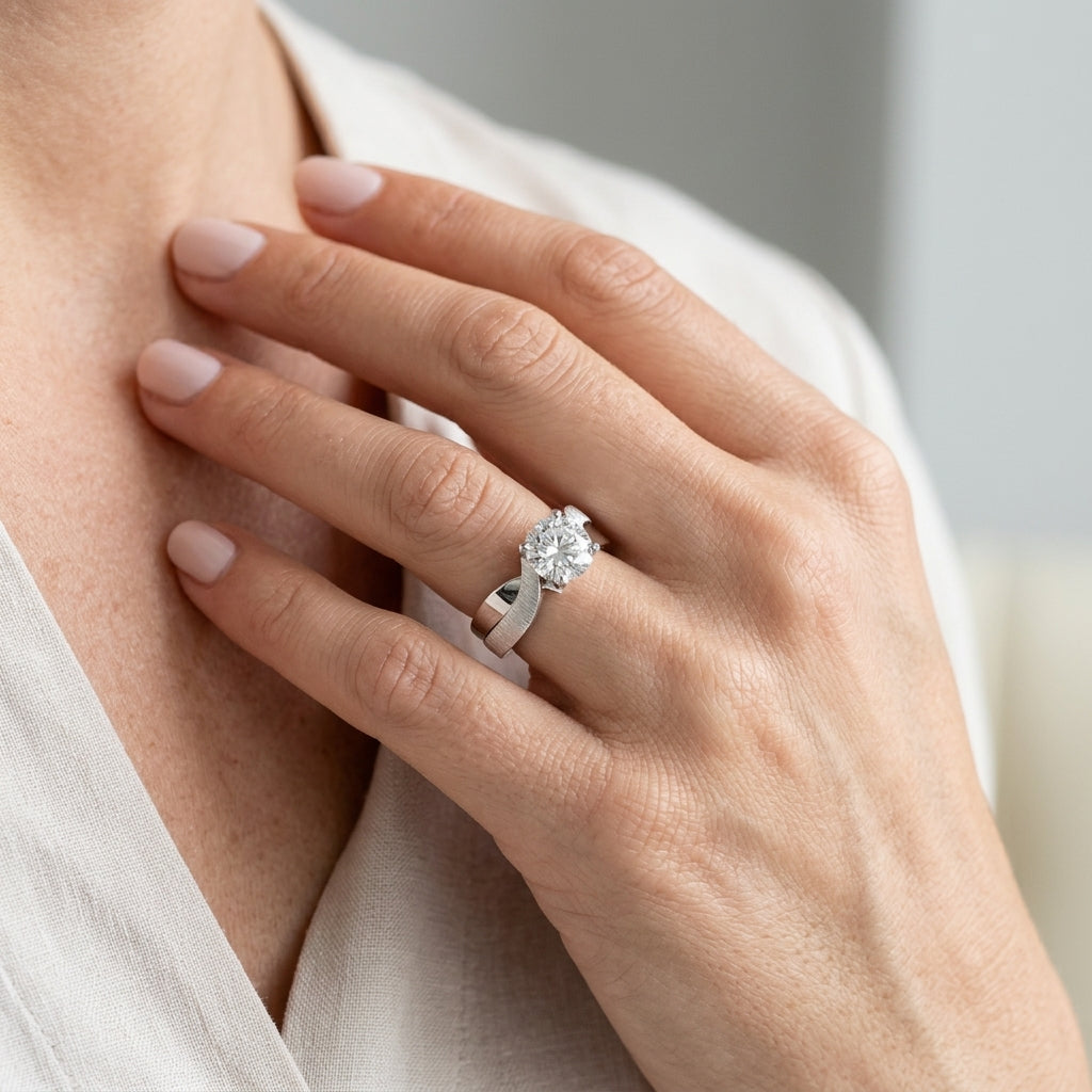 Twisted Textured Solitaire Engagement Ring - worn lifestyle photo