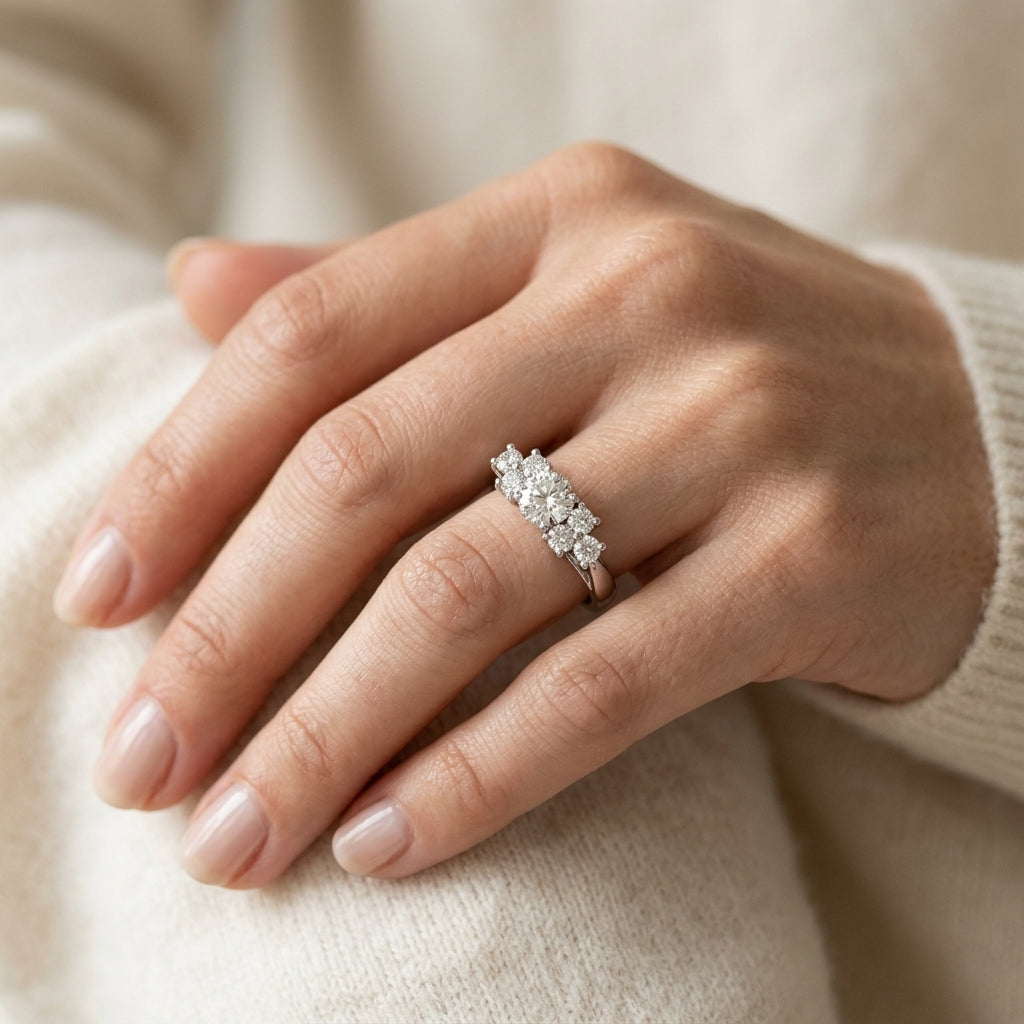 Cluster Side Trellis Engagement Ring - worn lifestyle photo