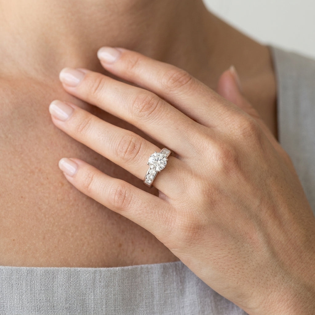 Single Row Channel Set Peg Head Engagement Ring - worn lifestyle photo