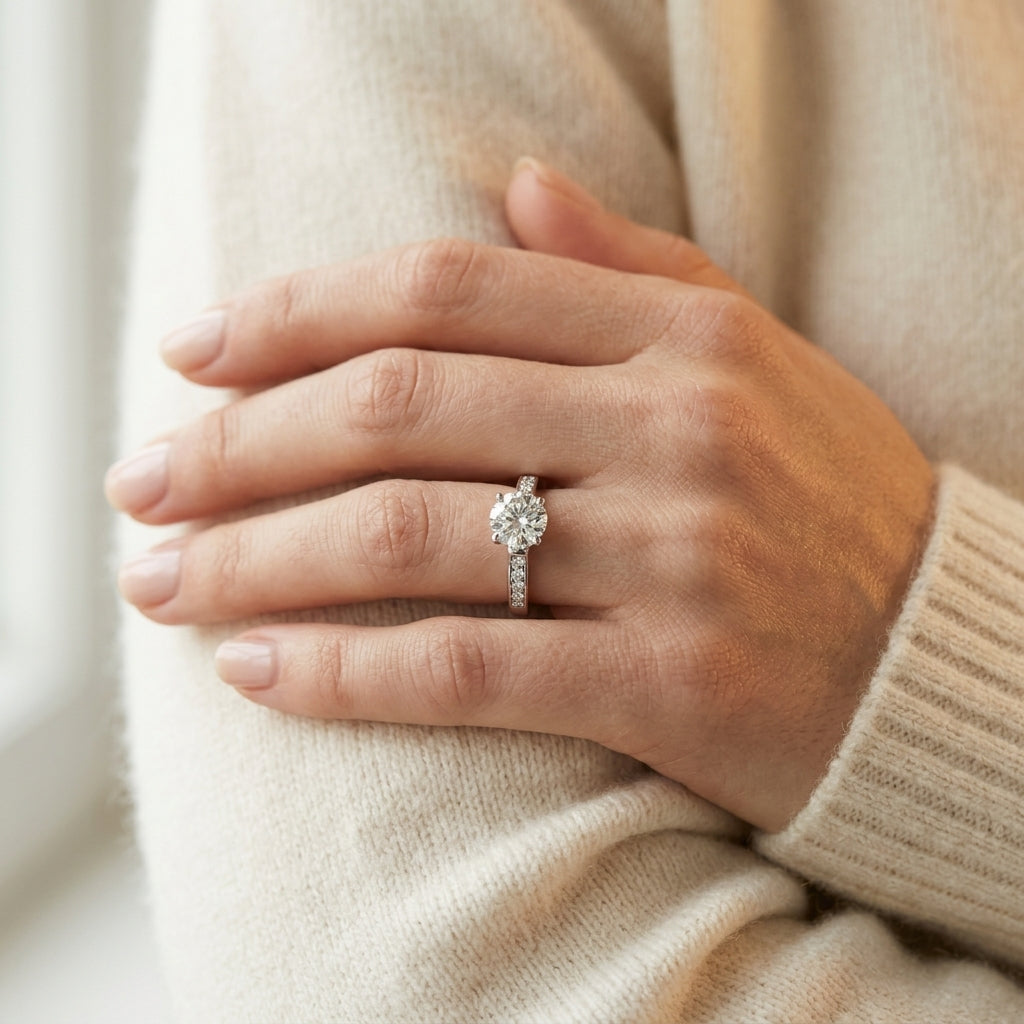 Single Row Channel Set Engagement Ring - worn lifestyle photo