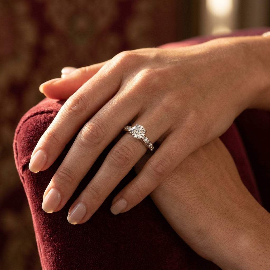 Single Row Prong Engagement Ring - worn lifestyle photo