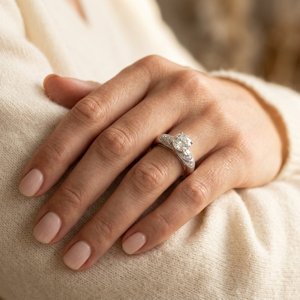 Antique Style Milgrain Engagement Ring - worn lifestyle photo