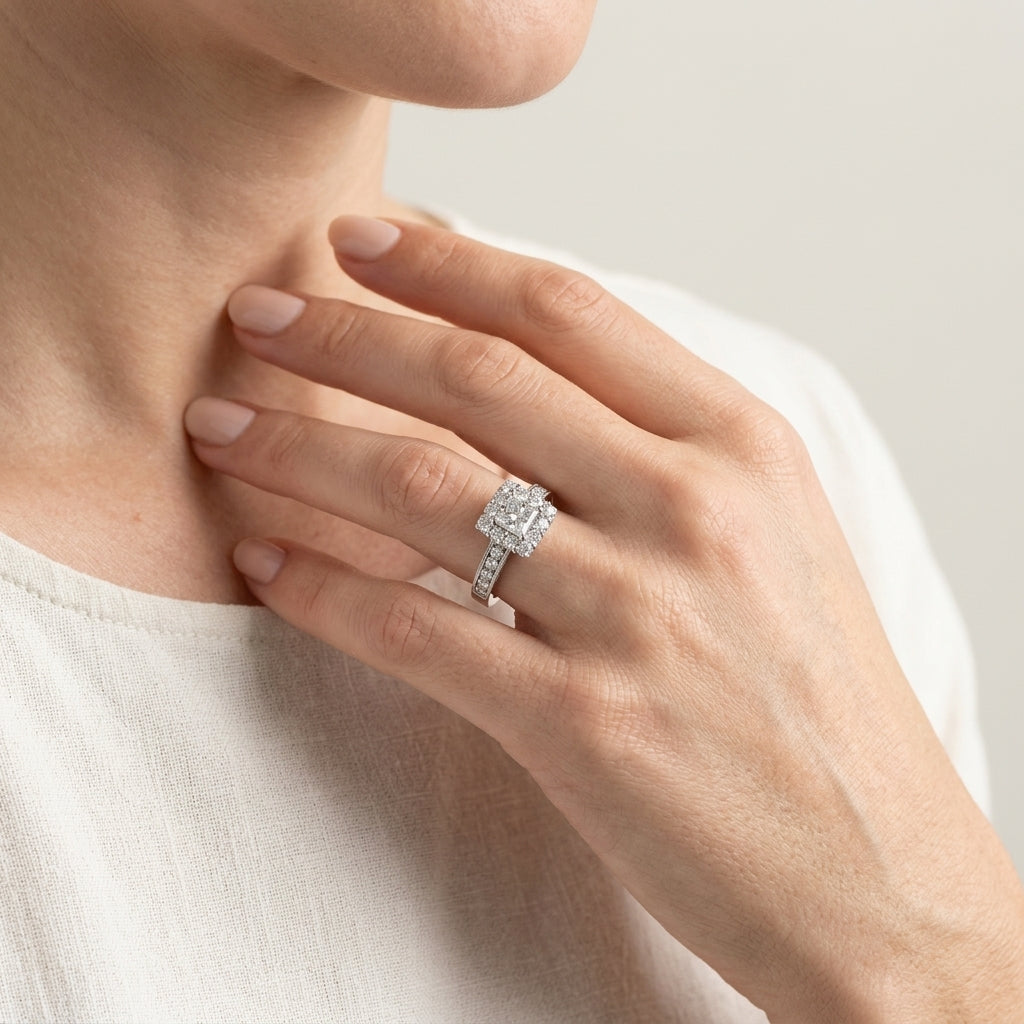 Single Row Halo Cushion Milgrain Engagement Ring - worn lifestyle photo