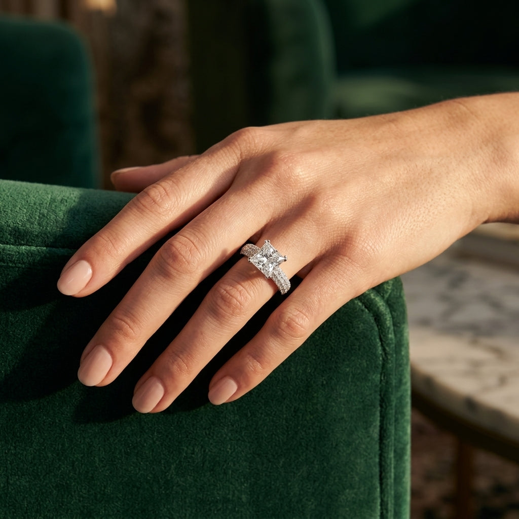 Multirow Pavé Double Prong Cushion Engagement Ring - worn lifestyle photo