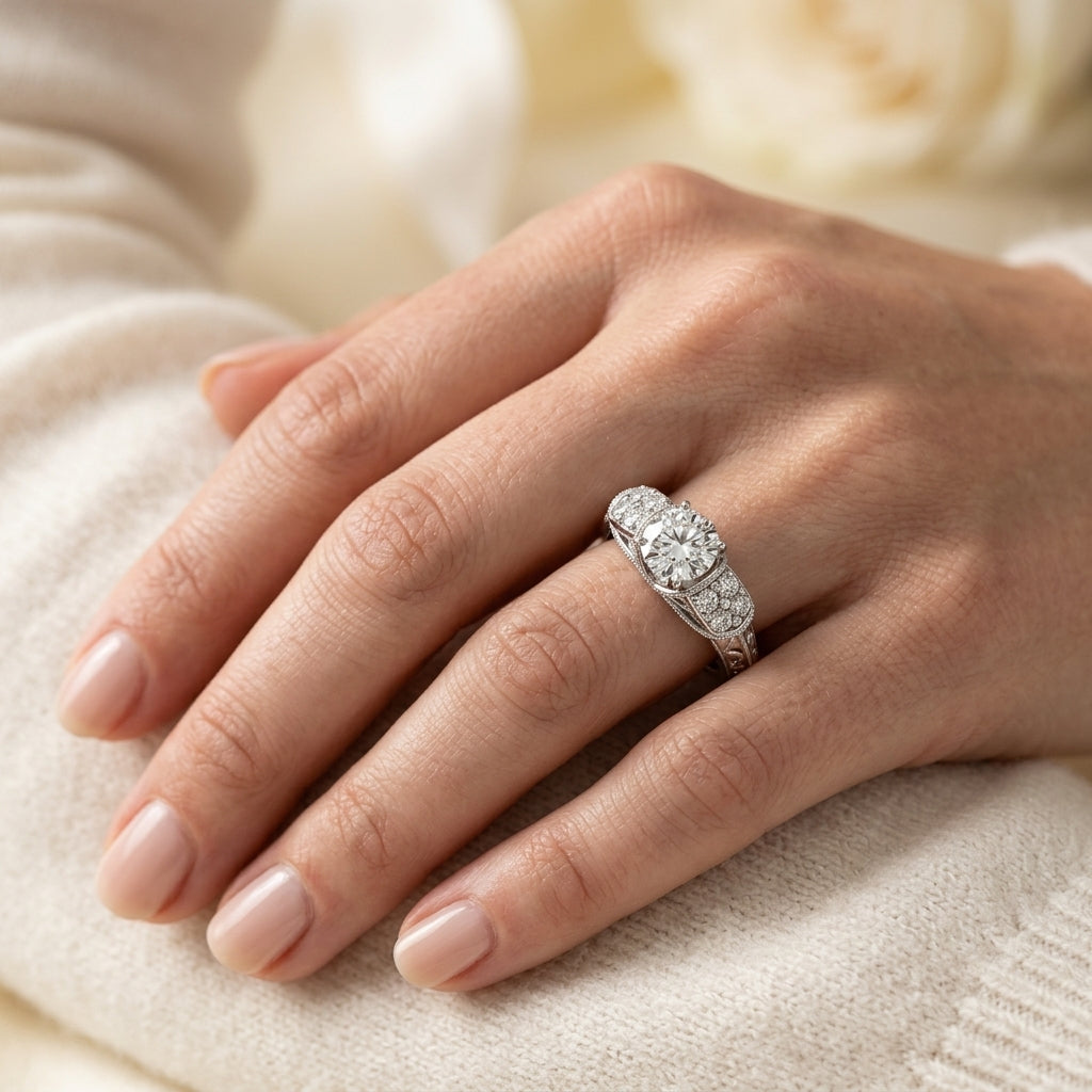 Antique Filigree Milgrain Engagement Rings - worn lifestyle photo