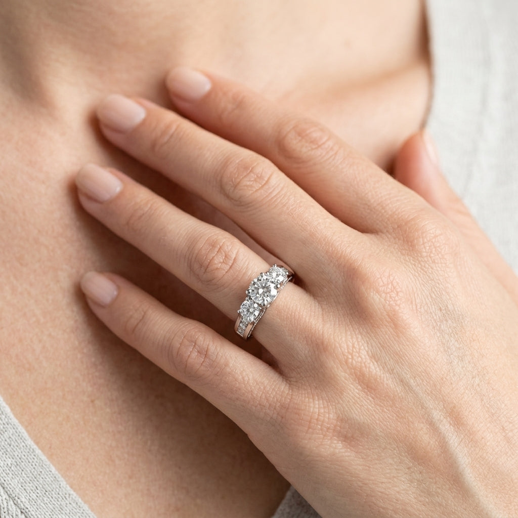 3-Stone Hidden Halo Engagement Rings - worn lifestyle photo