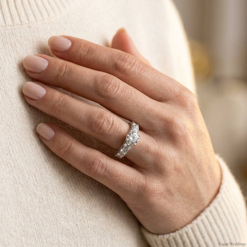 Single Row Prong Milgrain Engagement Rings - worn lifestyle photo