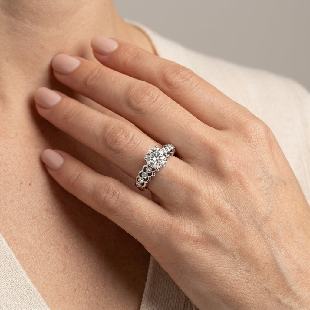Single Row Prong Hidden Halo Engagement Rings - worn lifestyle photo