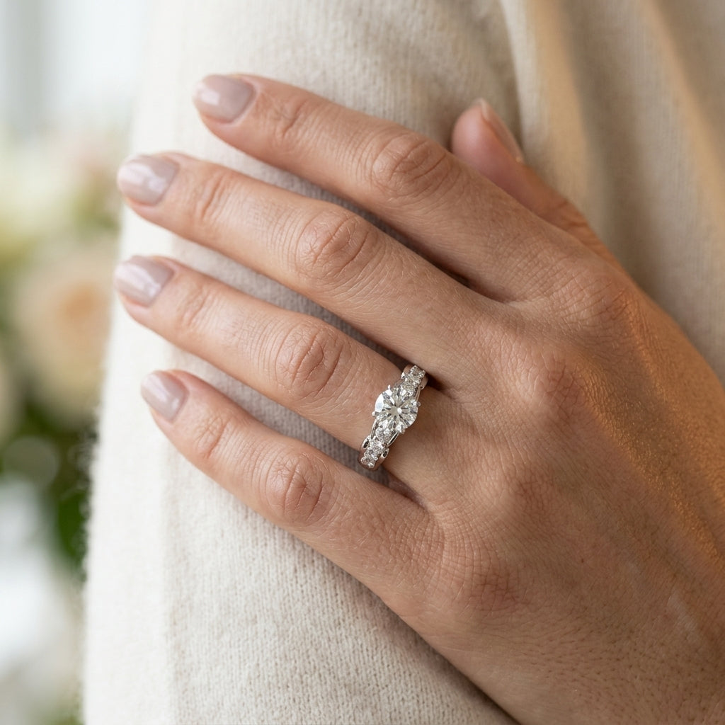 Single Row Prong Set Engagement Rings - worn lifestyle photo