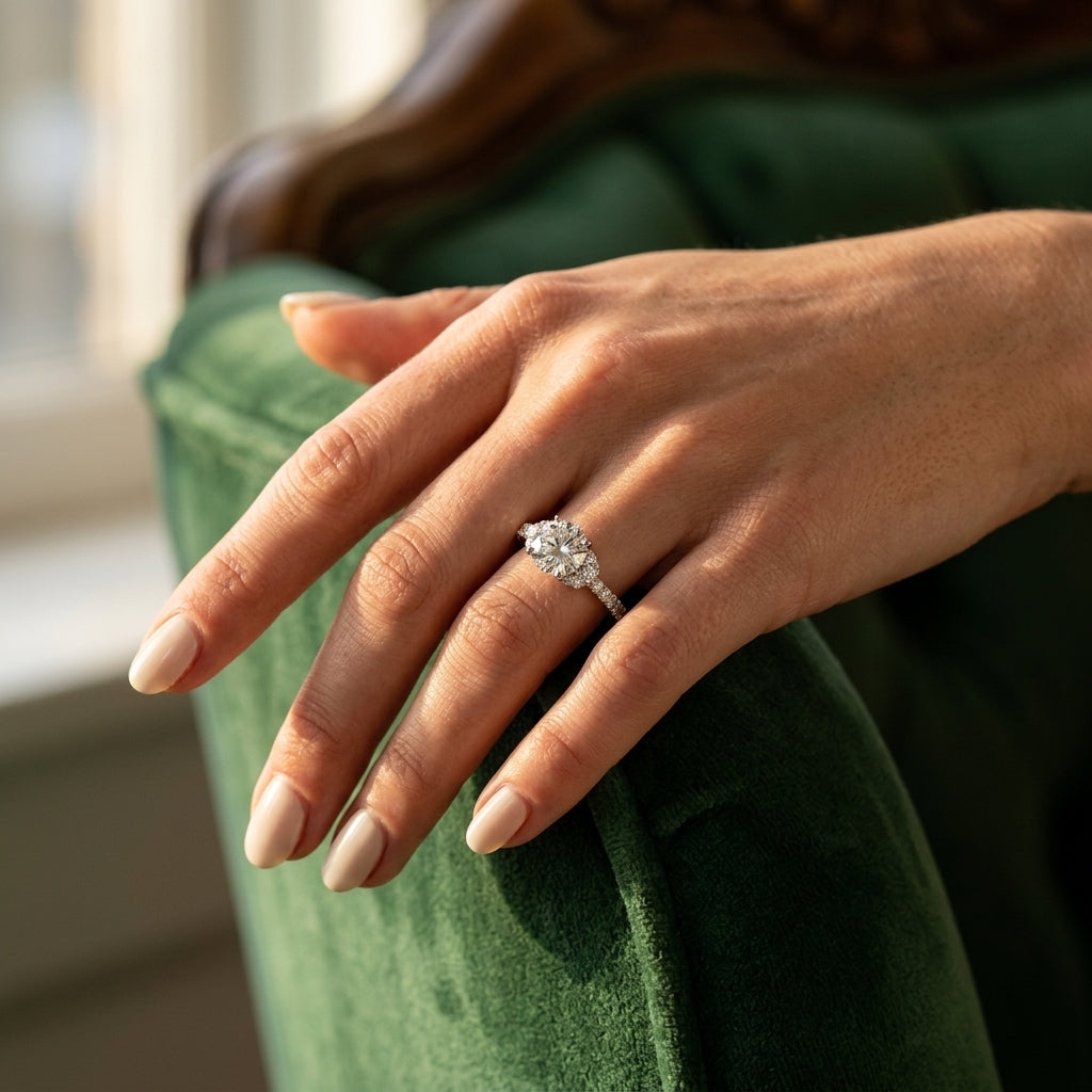 Single Row Prong Set Cluster Sides Engagement Rings - worn lifestyle photo