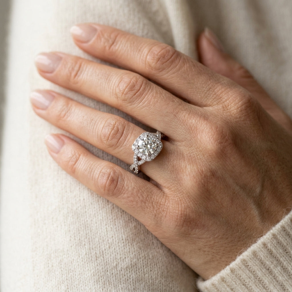 Twisted Shank Halo Engagement Rings - worn lifestyle photo