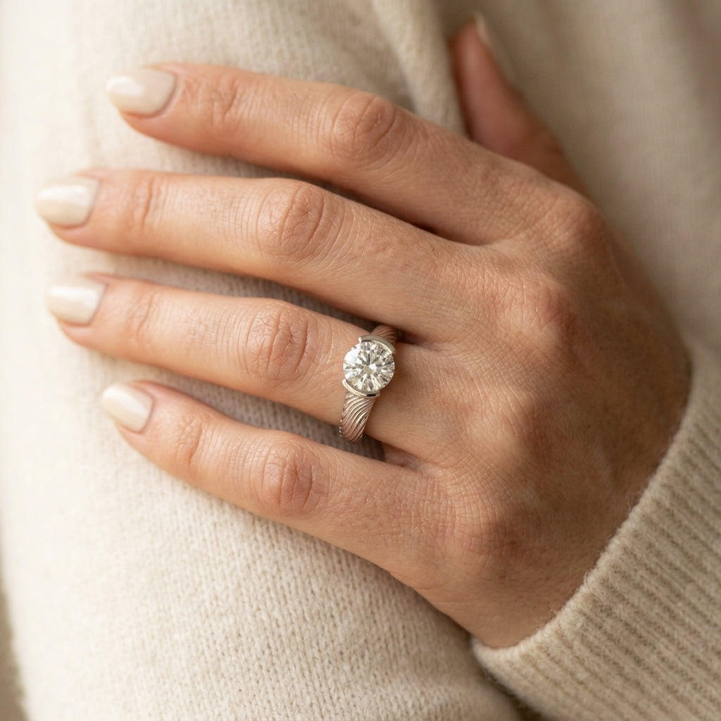 Solitaire Filigree Half Bezel Engagement Rings - worn lifestyle photo