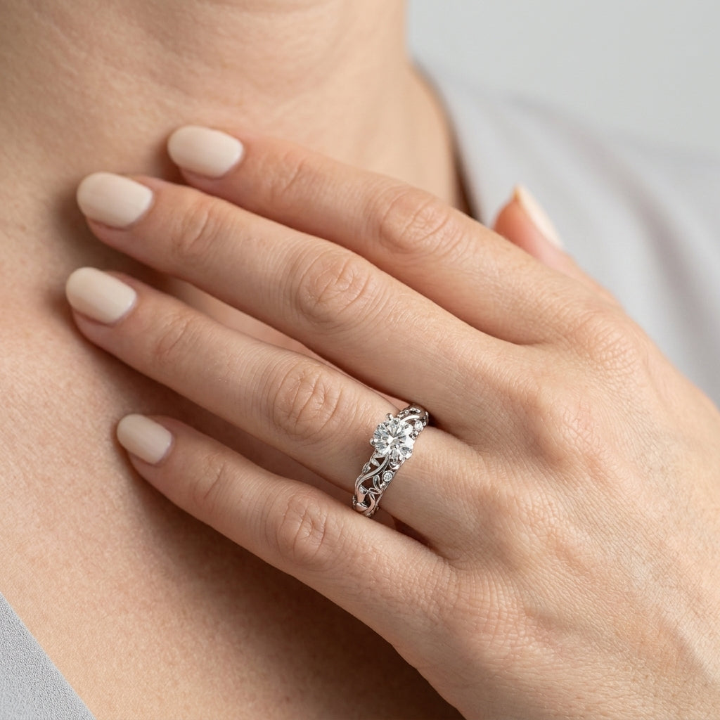Nature Inspired Filigree Bezel Set Engagement Rings - worn lifestyle photo