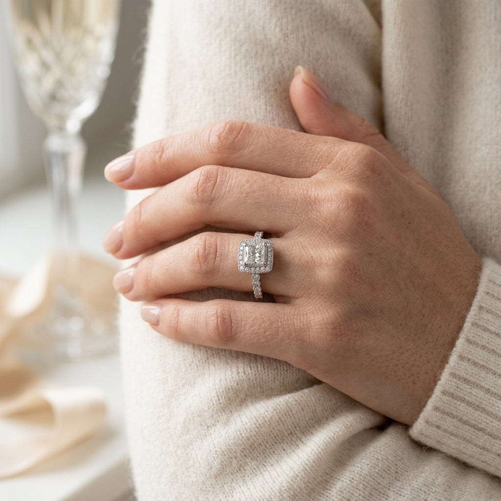 Antique Style Halo Milgrain Engagement Rings - worn lifestyle photo