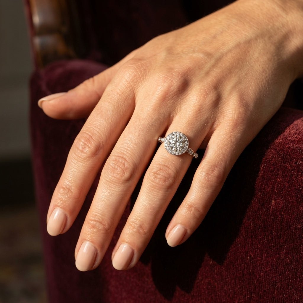 Solitaire Halo Engagement Rings - worn lifestyle photo