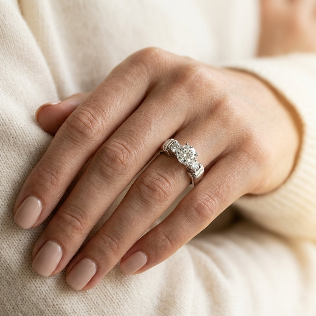 3-Stone Round Engagement Rings - worn lifestyle photo