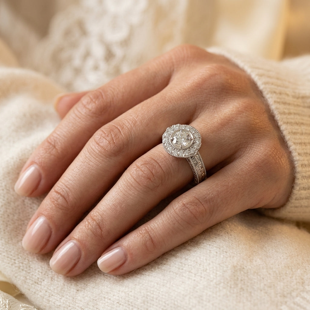 Nature Inspired Filigree Milgrain Engagement Rings - worn lifestyle photo
