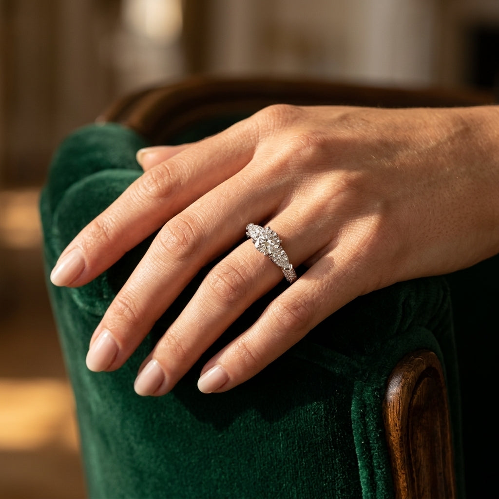 3-Stone Prong Set Pear Shape Milgrain Engagement Rings - worn lifestyle photo