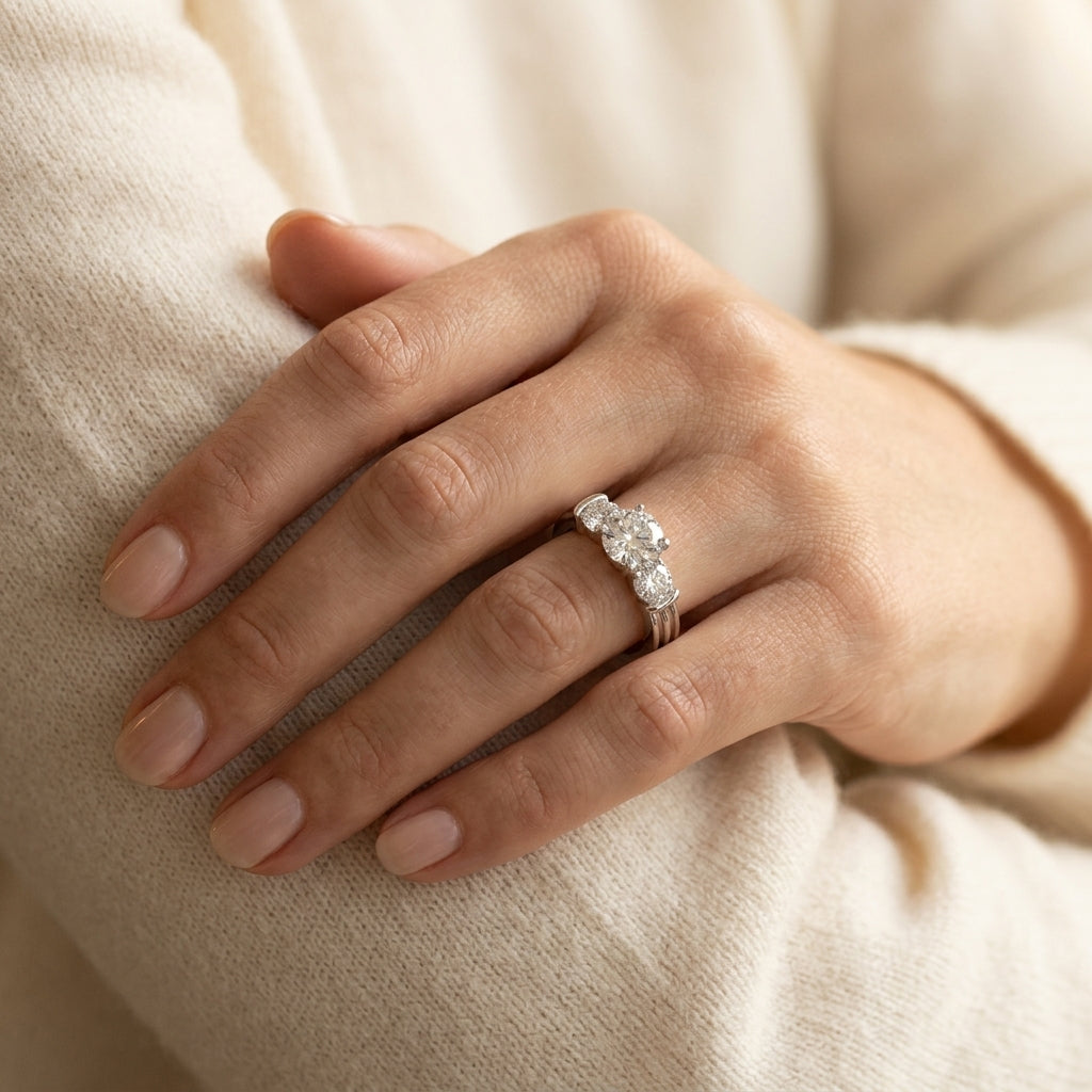 3-Stone Round Engagement Rings - worn lifestyle photo