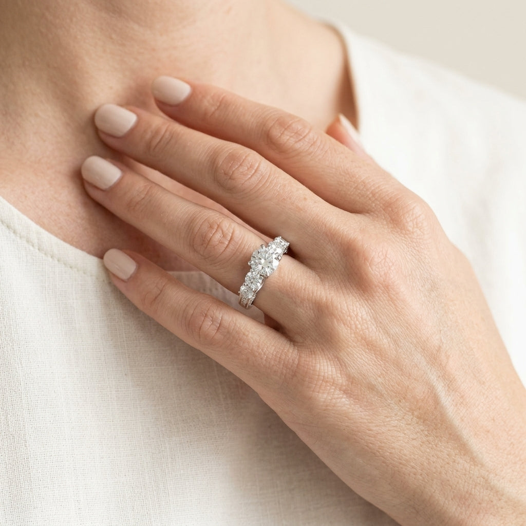 Single Row Prong Set Trellis Engagement Rings - worn lifestyle photo
