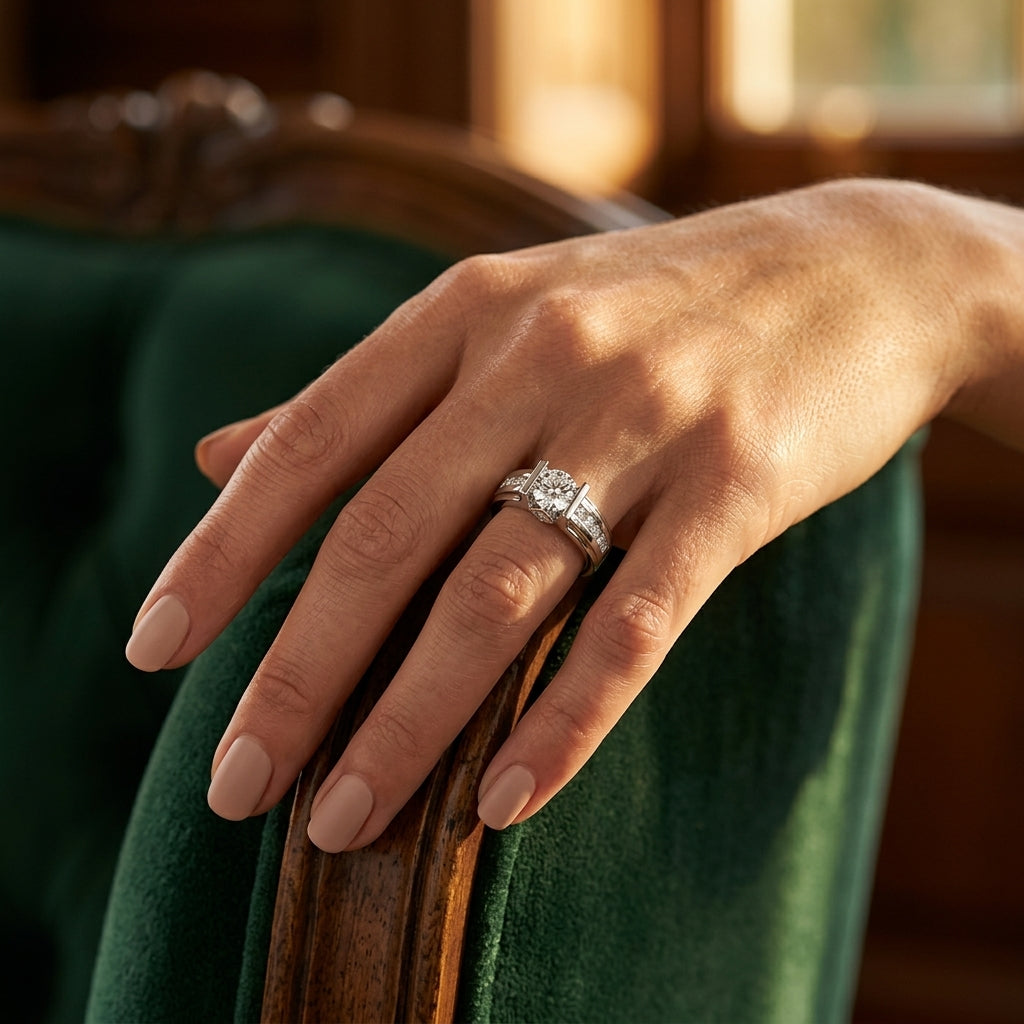Single Row Channel Set Engagement Rings - worn lifestyle photo