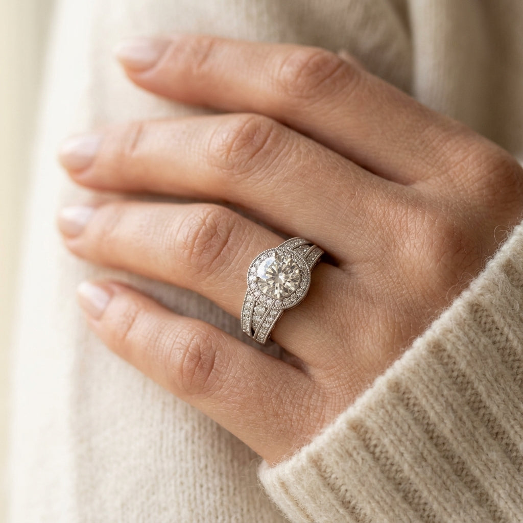 Vintage Multirow Milgrain Halo Engagement Rings - worn lifestyle photo
