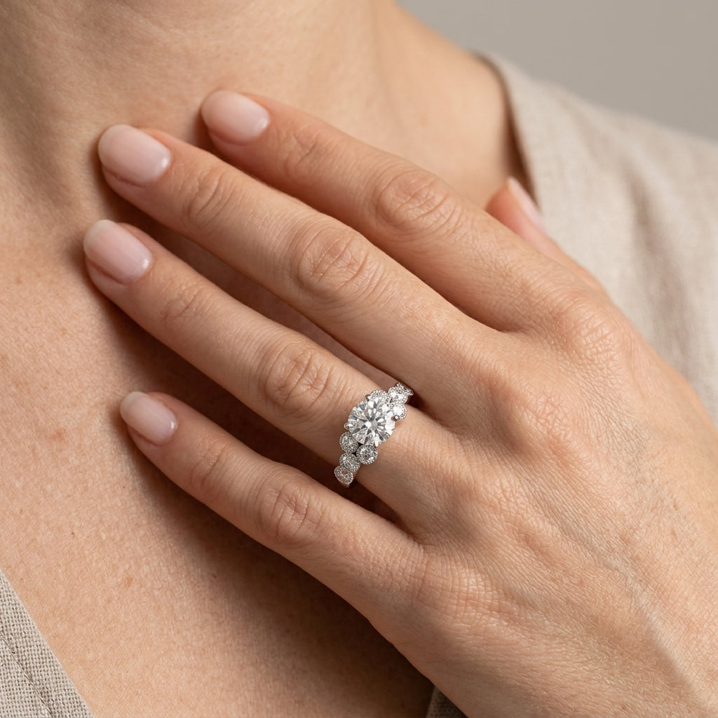 Cluster Sides Milgrain Engagement Rings - worn lifestyle photo