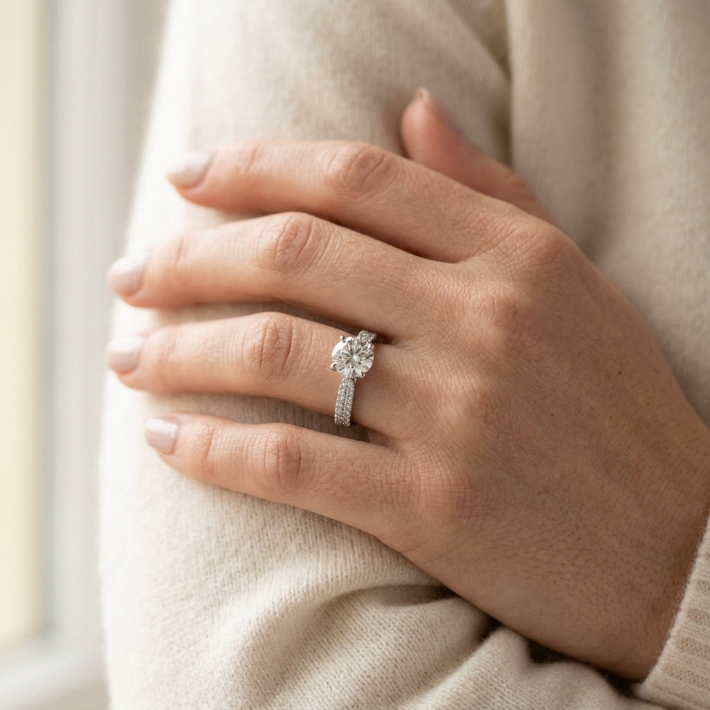 Double Row Pavé Solitaire Engagement Rings - worn lifestyle photo