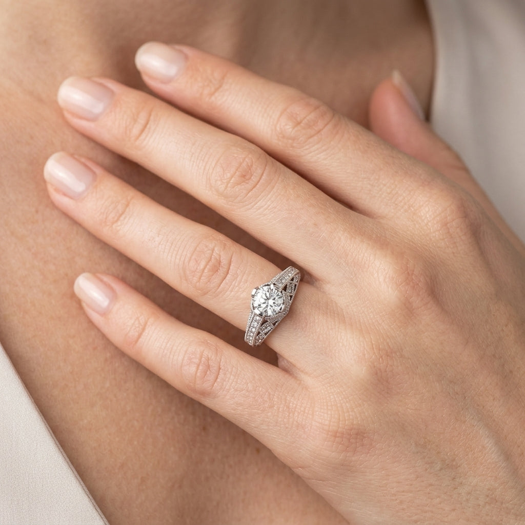 Antique Style Milgrain Engagement Rings - worn lifestyle photo
