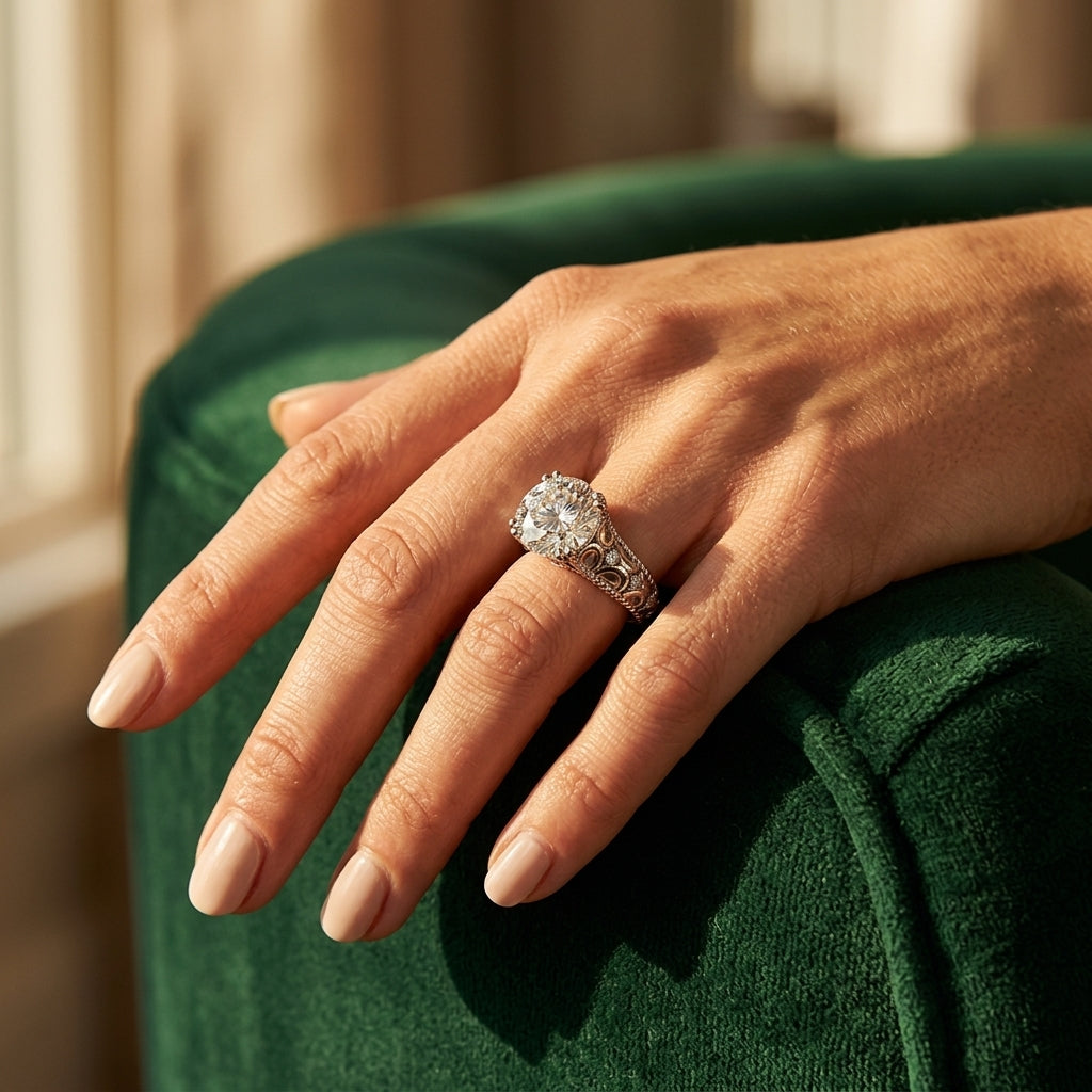 Double Prong Braided Shank Engagement Rings - worn lifestyle photo