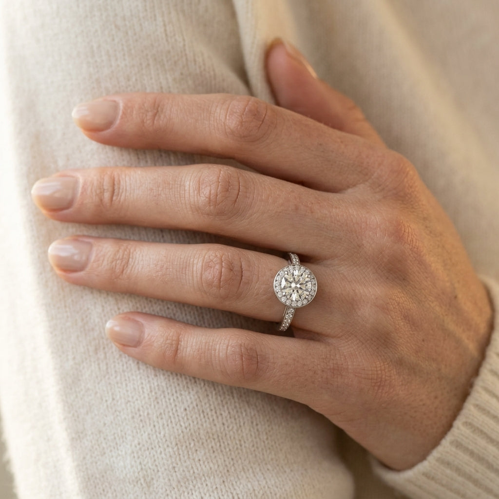 Prong In Channel Halo Engagement Rings - worn lifestyle photo