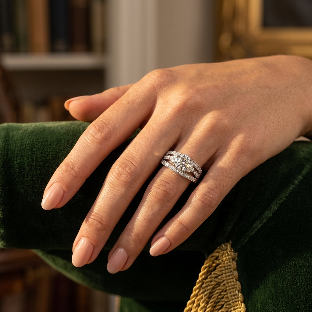 Multirow Milgrain Prong Set Engagement Rings - worn lifestyle photo