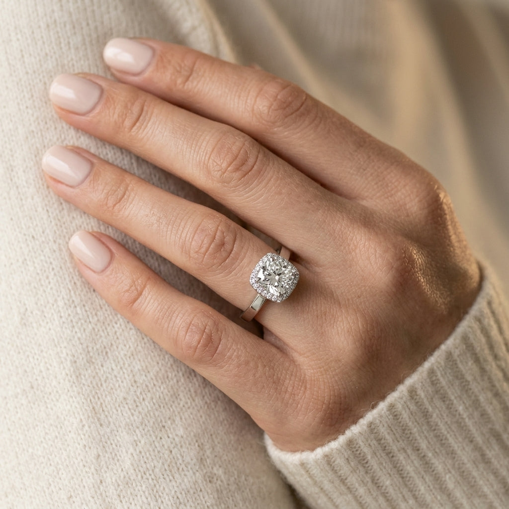 Bypass Halo Cushion Shape Engagement Rings - worn lifestyle photo