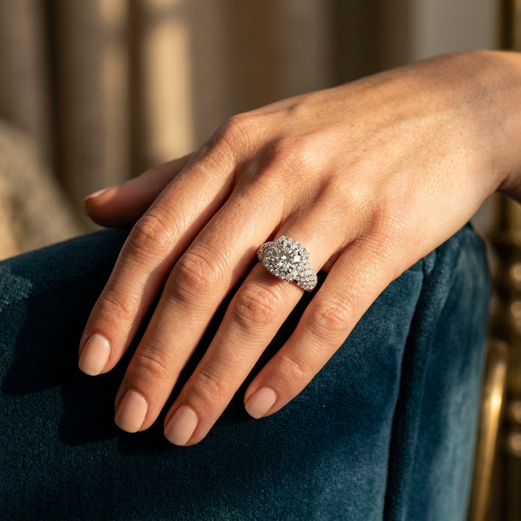 Multirow Pavé Halo Engagement Rings - worn lifestyle photo