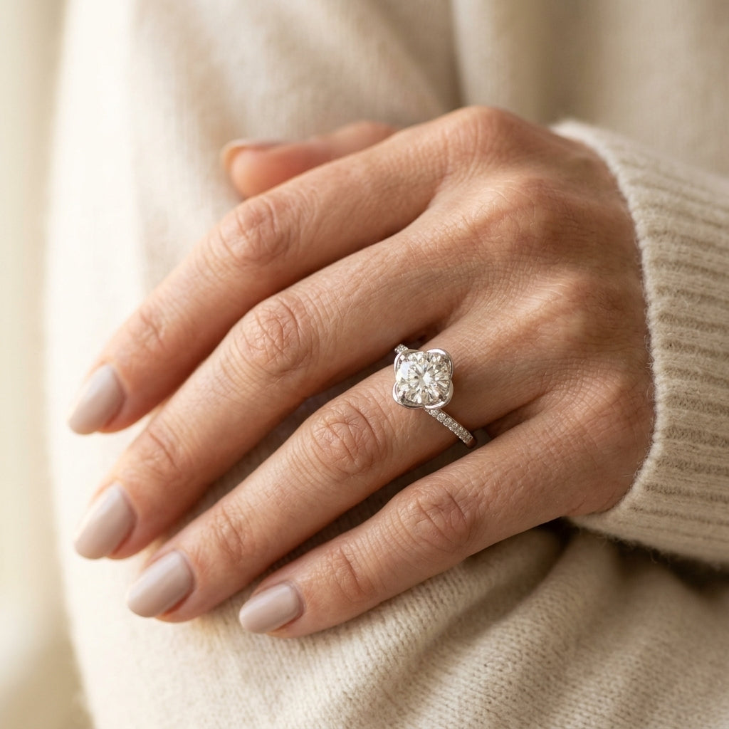 Tulip Bypass Engagement Rings - worn lifestyle photo