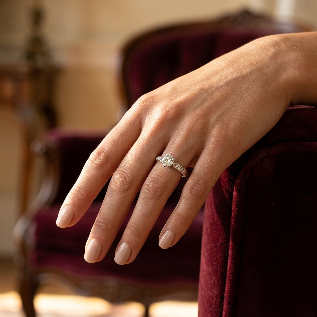 Single Row Channel Set Peg Head Engagement Ring - worn lifestyle photo