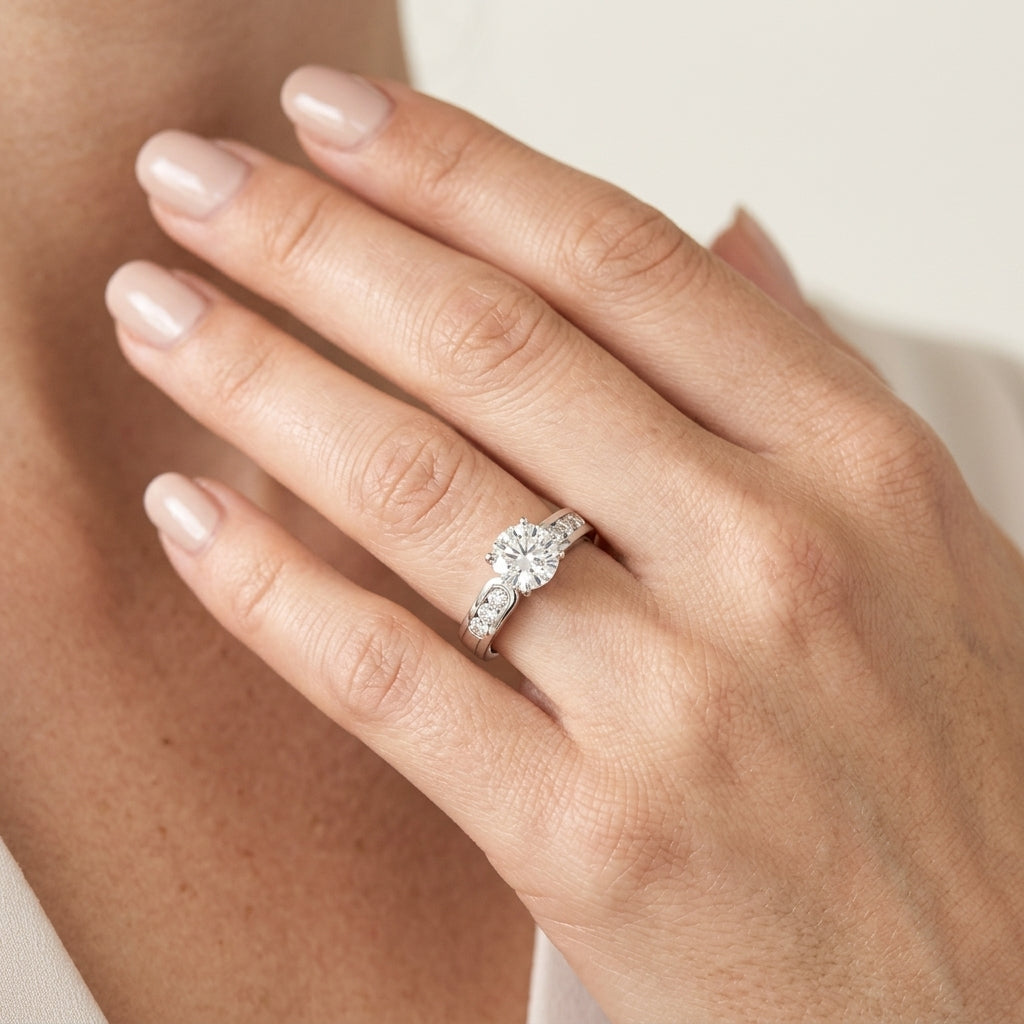 Single Row Channel Set Peg Head Engagement Ring - worn lifestyle photo