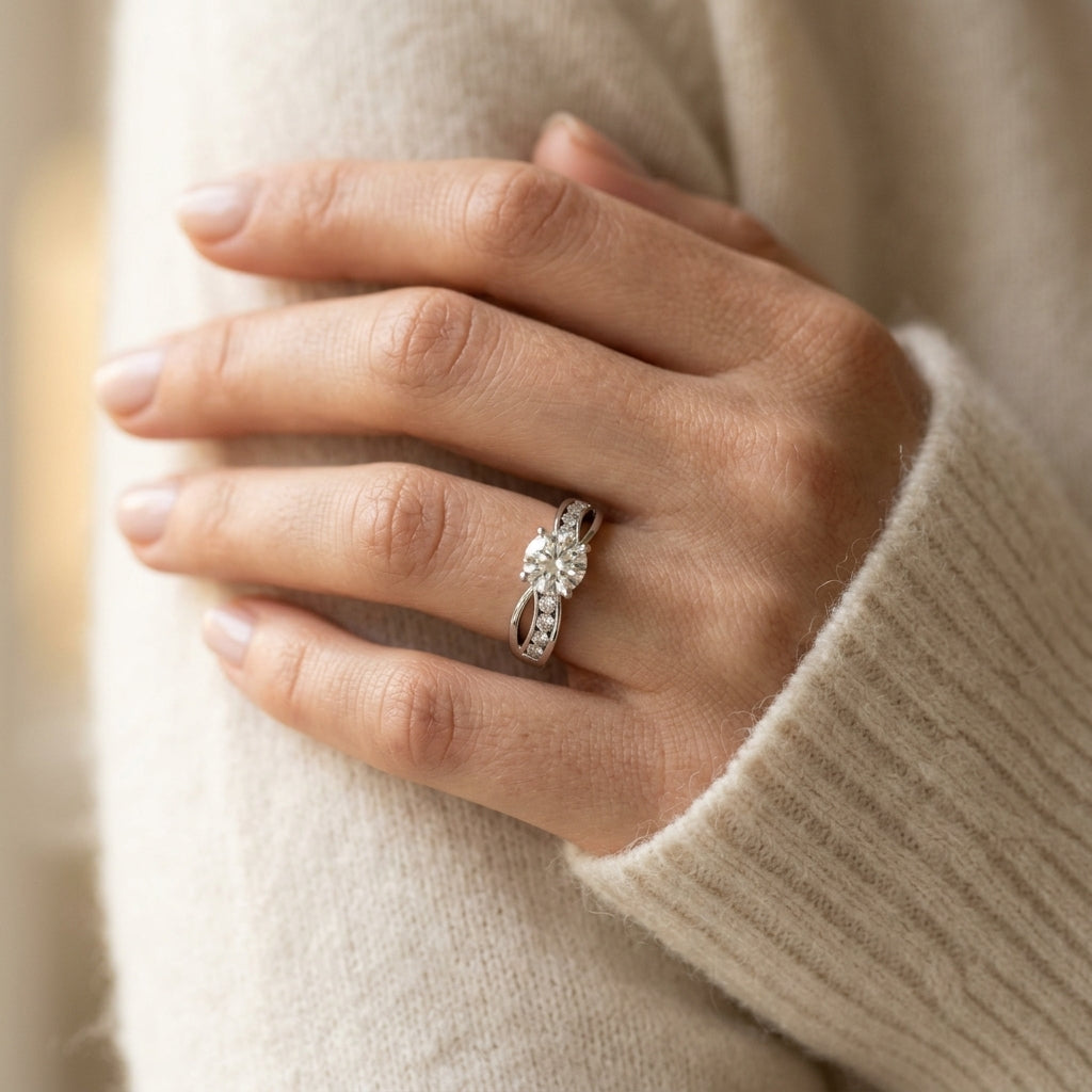 Channel Set Bypass Peg Head Engagement Ring - worn lifestyle photo
